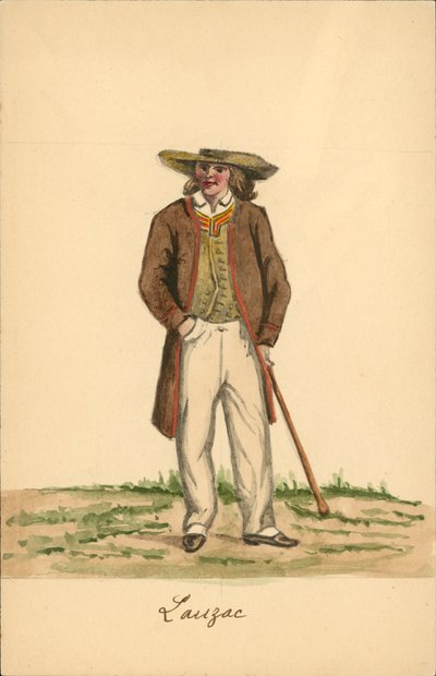 Herredragt fra Lauzach, Morbihan (farvelitografi) af French School