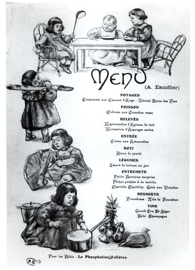 Menu skabt af Auguste Escoffier (1846-1935) for børn og babyer, ca. 1900 af French School