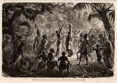 Meriah Pujah eller menneskeofring, Khondistan (Engelsk Indien). Tegning af Fuchs, for at illustrere major John Campbells undersøgelse af menneskeofringer i de engelske Indien af French School