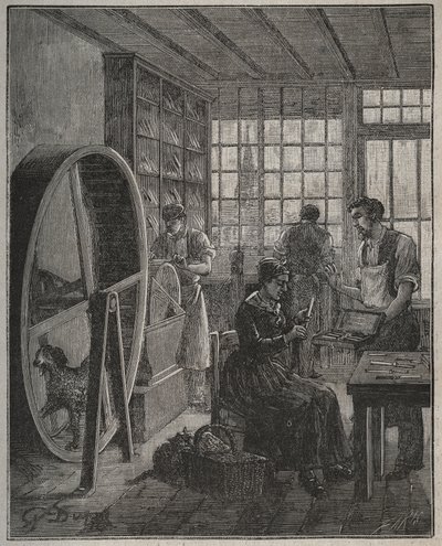 Metier og håndværker: en bestikbutik i provinsen i det 19. århundrede. Indgravering fra 1885 i "" Les arts et metiers illustres"" af Adolphe BITARD. af French School