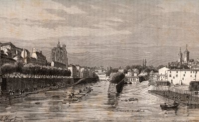 Metz - udsigt over havnen Saint-Georges - Mosel - indgravering i "La France illustrée: geografi, historie, statistisk administration" af V.A. Malt-Brown. 1884 af French School