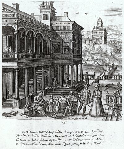 Michel de Nostradame (1503-66) bliver konsulteret om skæbnen for de syv børn af Catherine de Medici (1519-89) og Henri II (1519-59) 1548 af French School