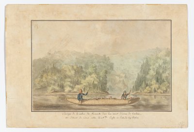 Micmacks in their birchbark canoe; Strait of Canso between Nova Scotia in the island of Cape Bretondani af French School