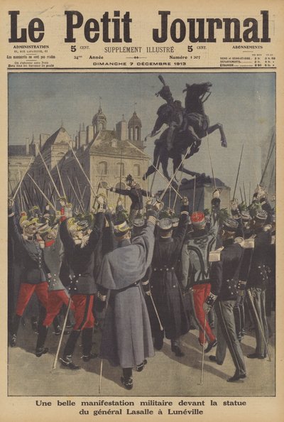 Militær demonstration foran statuen af general Lasalle i Luneville, Frankrig (farve litho) af French School