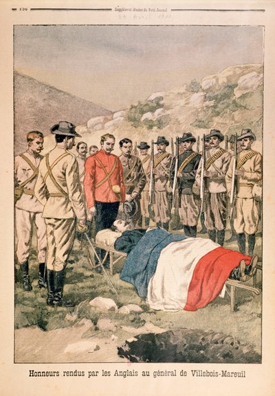 Militær hæder udbetales til general Georges de Villebois-Mareuil (1847-1900) af briterne på kirkegården i Boshof, illustration fra Le Petit Journal, 29. april 1900 af French School