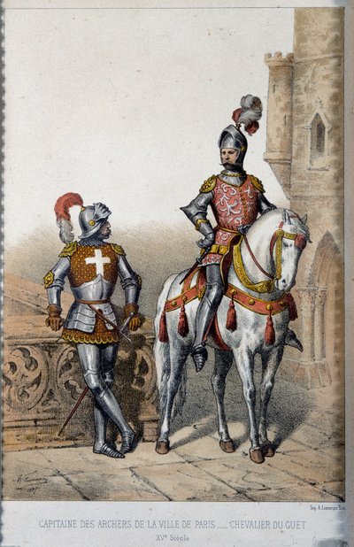 Militæruniform: kaptajn for bueskytterne i byen Paris og ridder af vægteren i det 15. århundrede. Litografi af det 19. århundrede af French School