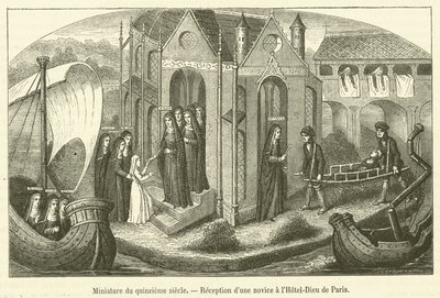 Miniature af det femtende århundrede, modtagelse af en novice på Hotel-Dieu i Paris (gravering) af French School