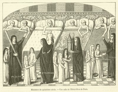 Miniature af det femtende århundrede, Et værelse på Hotel-Dieu de Paris (gravering) af French School