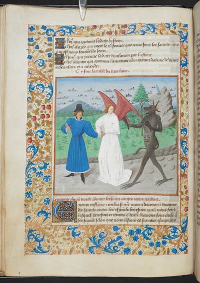 Miniature af en mand med en skytsengel og en djævel Sloane MS 3049 f. 27, c. 1480 (vellum) af French School