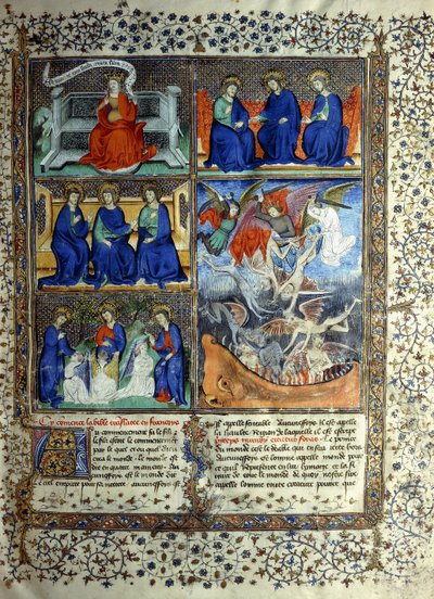 Miniature, der repræsenterer Himmeriget før skabelsen: Sapientia, Treenigheden og Lucifers uddrivelse fra himlen, ca. 1410 af French School