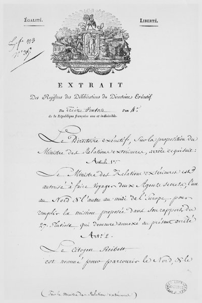 Udenrigsministeriet, nominering af to hemmelige agenter, 1796 (blæk på papir) af French School