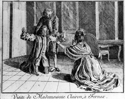Miss Clairon (Mademoiselle Clairon Josephe Leris de La Ttude dit Mademoiselle Clairon (1723 -1803) Fransk skuespillerinde, besøgte Ferney a Voltaire gravering fra det 18. århundrede. af French School