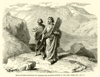 Moses og Josva hører israelitternes skrig, der tilbeder guldkalven (gravering) af French School