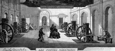 At tjene penge: shop for pengepresser. Indgravering i "" Le Monde Illustré"" nr. 145 af 21. januar 1860. af French School