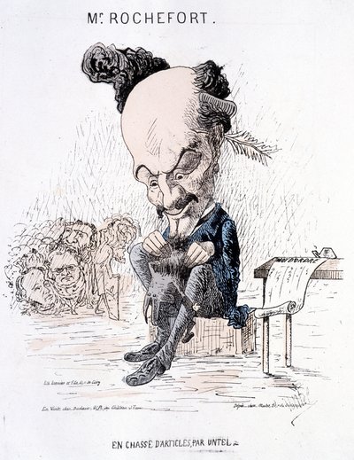 Monsieur Rochefort på jagt efter artikler af Untel. Karikatur om Rochefort og Kommunen. af French School