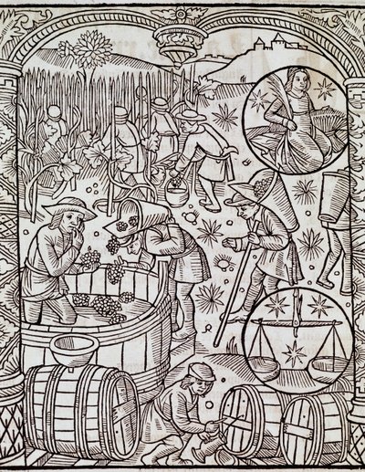 Høstmåned, med Jomfru og Vægtens stjernetegn, Indgravering fra Le grand calendrier des bergers, Frankrig af French School