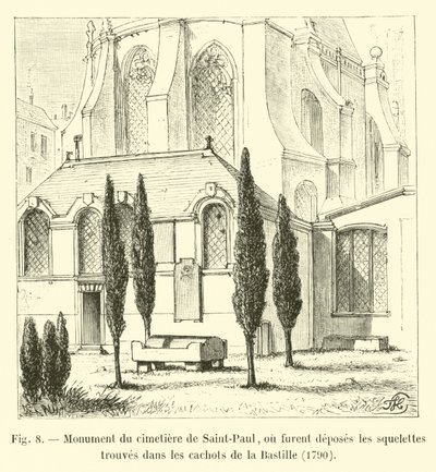 Monument på kirkegården i Saint-Paul, hvor skeletterne fundet i fangehullerne i Bastillen blev deponeret, 1790 af French School