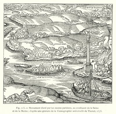 Monument opført af parisiske sømænd ved sammenløbet af Seinen og Marne; efter en indgravering af Thevets universelle kosmografi; 1575 (gravering) af French School