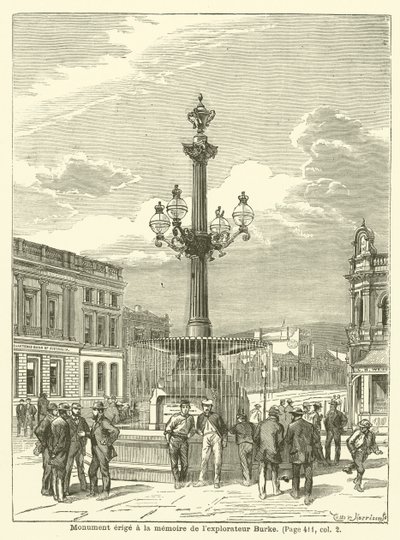 Monument rejst til minde om opdagelsesrejsende Burke (gravering) af French School