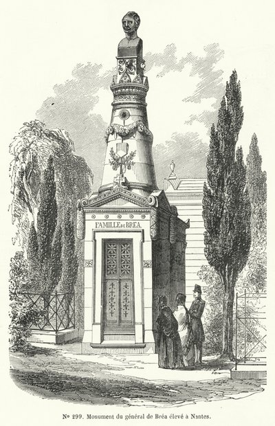 Monument i Nantes til den franske general Jean Baptiste Fidele Brea, henrettet af revolutionære under junidagens opstand i Paris i 1848 (gravering) af French School