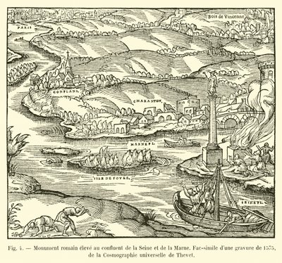 Romersk monument opført ved sammenløbet af Seinen og Marne, faksimile af en gravering fra 1575, fra Cosmographie universelle af Thevet af French School