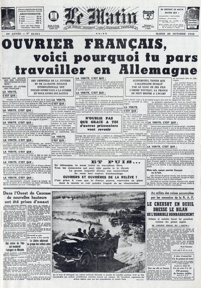 Morgen Journal nr. 21311 af 20. oktober 1942: Sto - Obligatorisk Arbejdstjeneste - Hvorfor gå på arbejde i Tyskland - af French School