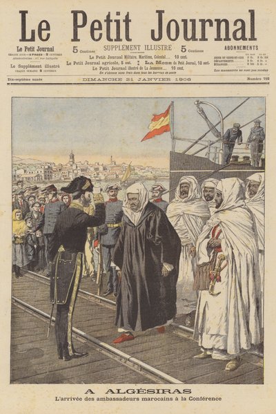 Marokkanske ambassadører ankommer til Algeciras-konferencen i Spanien (farve litho) af French School