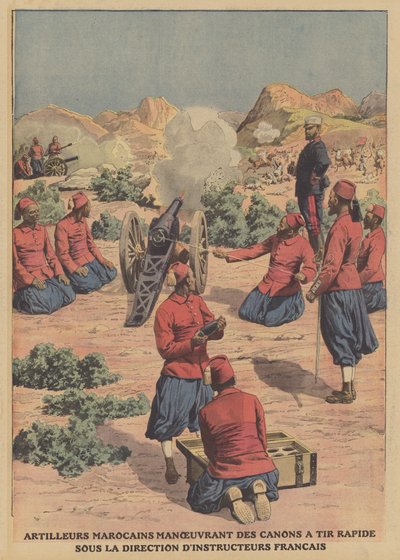 Marokkanske artillerister affyrer hurtige kanoner under vejledning af franske militærinstruktører (farve litho) af French School
