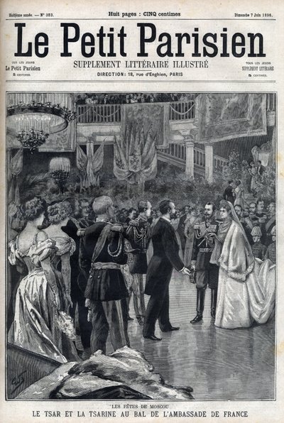 Moskva-fejringer: Zar Nikolaj II af Rusland (1868 -1918) og Zarina Alexandra Fiodorovna Romanova (1872-1918) ved den franske ambassades bal i "Le petit Parisien"" af French School