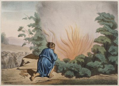 Moses og den brændende busk, illustration fra en katekismus LHistoire Sainte, udgivet af Charles Delagrave, Paris, slutningen af det 19. århundrede af French School