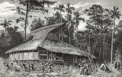 Moske i Dodinga, New Guinea, illustration fra magasinet Le Tour du Monde, 1879 af French School