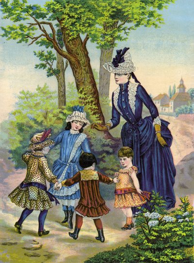 Mor med børn, der leger på landet af French School