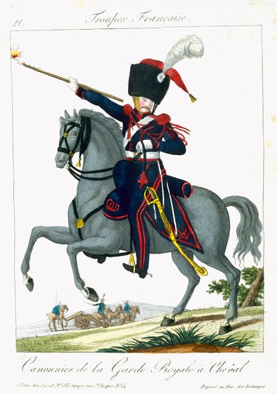 Mounted Cannonier of the Royal Guard, fra Troupes Francaises, pub. hos Basset, Paris, ca. 1790 af French School