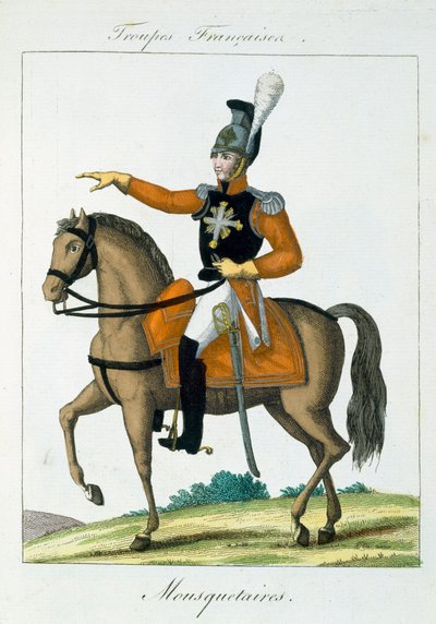 Mounted Musketeer, fra Troupes Francaises, pub. i Basset, Paris, ca. 1790 af French School