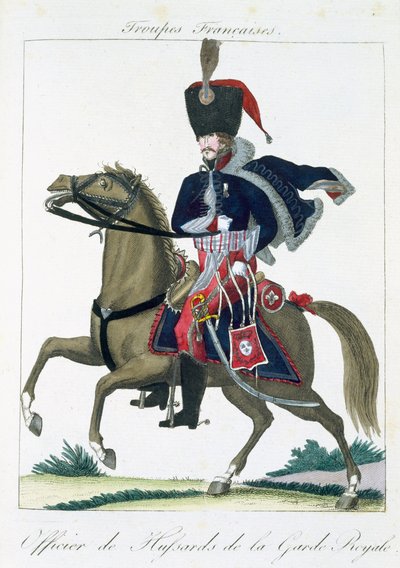 Beridet officer for Husarerne af den kongelige garde, fra Troupes Francaises, pub. hos Basset, Paris, ca. 1790 af French School