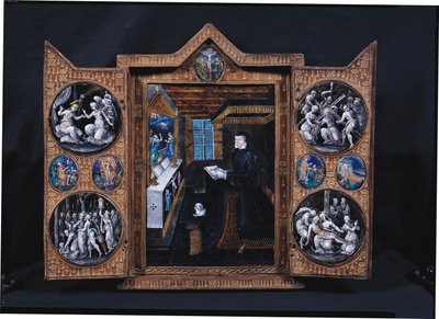 Sørgeskab med scener fra Kristi liv og attributter af Henri II (1519-59) og Catherine de Medici (1519-89) (emalje og træ) af French School