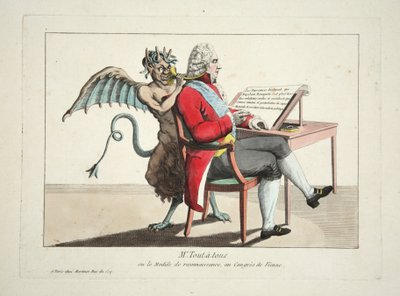 Mr. Tout-a-tous eller anerkendelsesmodellen, på Wienerkongressen, pub. 1815 (farvegravering) af French School