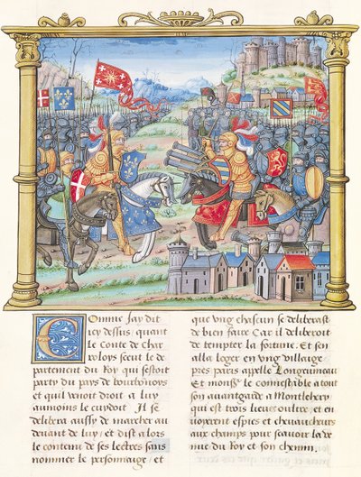 Ms.18 f.7v Slaget ved Montlhery under krigen i League of the Good Public, 14. juli 1465, fra Philippe of Commines