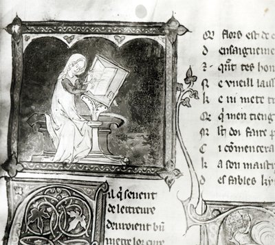 Ms.3142 fol.256 Marie de France (fl. 12. århundrede) skrift, fra en antologi med franske digte, ca. 1280-90 (detaljer) af French School