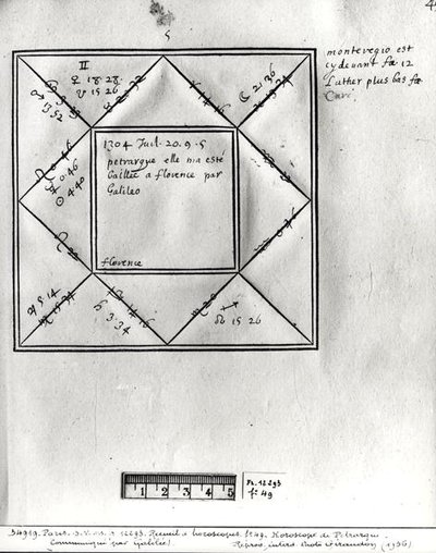 Ms.Fr.12293 fol.49 Horoscope of Petrarch (1304-74) af Galileo, fra en samling af horoskoper af figurer fra det 14. til 17. århundrede af French School