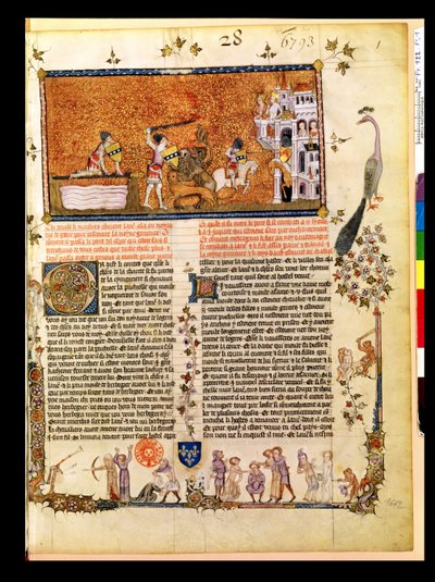Fr 122 f.1 Sir Lancelot krydser Sword Bridge, fra Roman de Lancelot du Lac, 1344 af French School