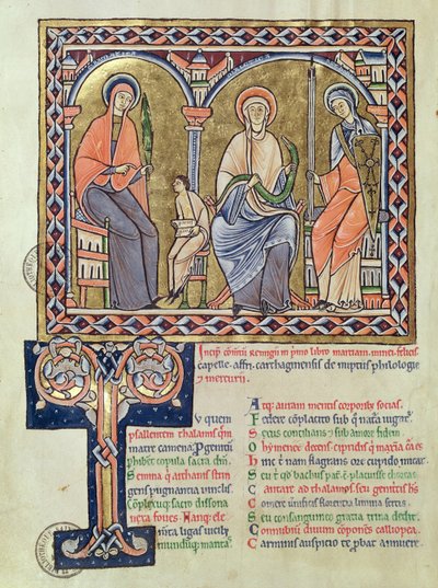 Ms 1041 f.1v Grammatik, dialekt og retorik fra Satyricon af Martianus Capella, ca. 1200 af French School