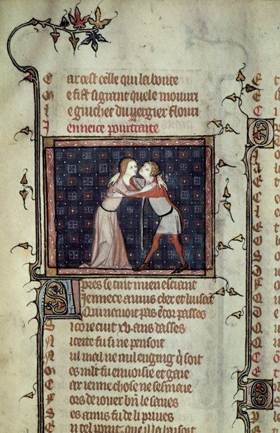 Ms 1126 fol.8r Youth and Love Embracing, fra Le Roman de la Rose af Guillaume de Loris og Jean de Meung af French School