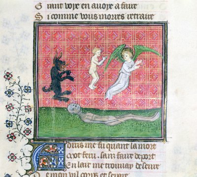 Ms 1130 Soul forlader kroppen ledsaget af en engel, miniature fra Le Livre des Proprietes des Choses af Barthelemy lAnglais af French School