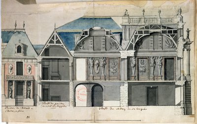 Ms 130736 Tværsnit af en fløj af Chateau de Versailles konstrueret af Louis Le Vau ((1612-70) (wc på papir) af French School
