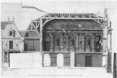 Ms 130736 Syd-nordlige tværsnit af Grand Salon og Salle de Diane i Chateau de Versailles konstrueret af Louis Le Vau ((1612-70) (wc på papir) af French School