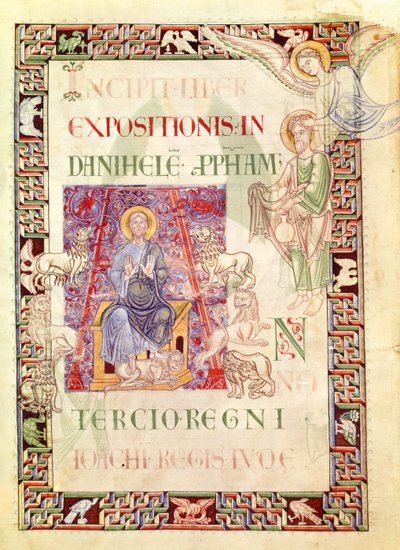 Ms 132 f.2v Daniel in the Lions Den Fed af Habakkuk, fra Explanatio in Prophetas et Ecclesiasten af St. Hieronymus af French School