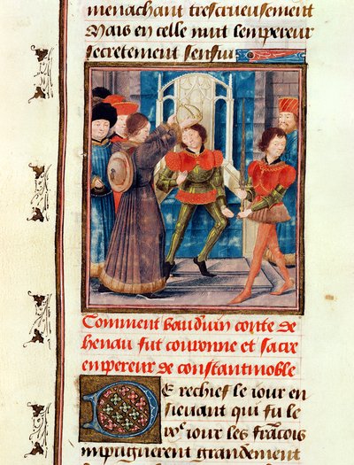 Ms 149 t.3 fol.183v Hvordan Baldwin I (1171-1205) Sjette greve af Hainaut, blev kronet som kejser af Konstantinopel i 1204, fra Histoire des Nobles Princes de Hainaut, af Jacques de Guise af French School