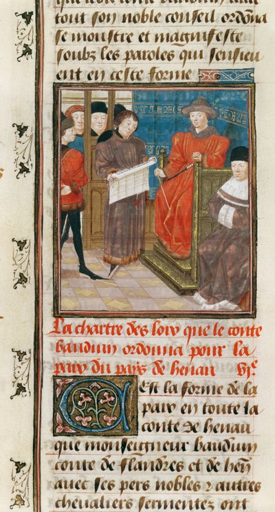 Ms. 149t.3 fol.175 v Charteret for de love, som grev Baudouin VI af Hainault beordrer til fred i landet Hainault af French School