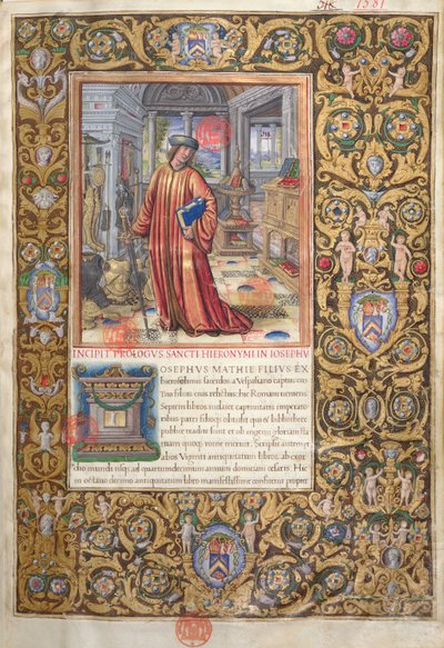Fru 1581 f. 001 Flavius Josephus i sit studie, illustration til Prolog of the Antiquities of the Jews (Antiquitates Judaicae) af Flavius Josephus, ca. 1503 af French School